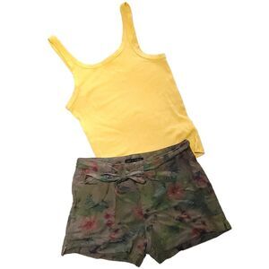 SANCTUARY linen blend olive green red tropical floral snap Womens 25